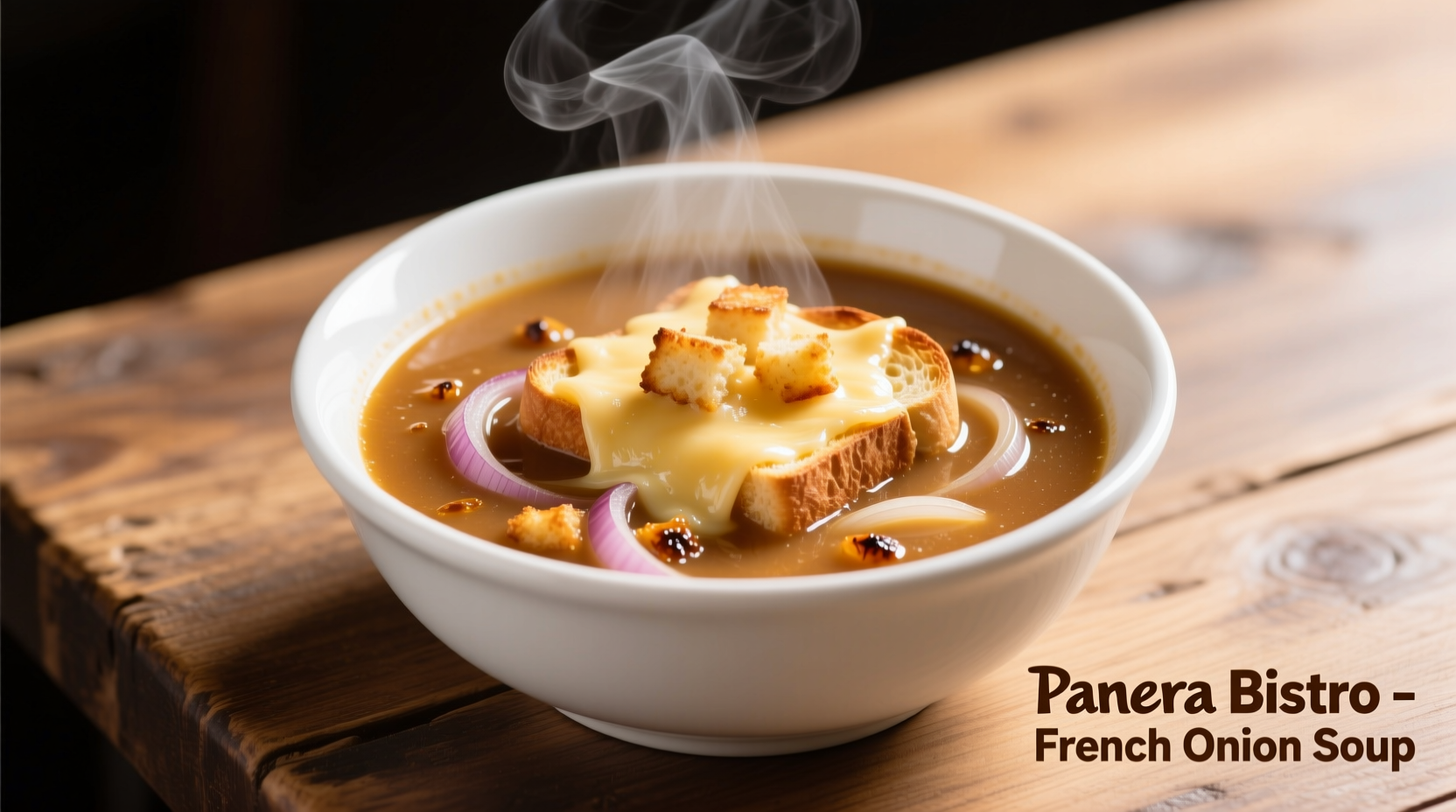 Panera Bistro French Onion Soup in white bowl