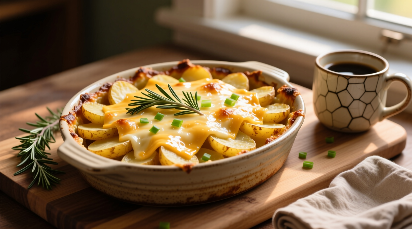 Golden breakfast potato casserole with melted cheese and herbs