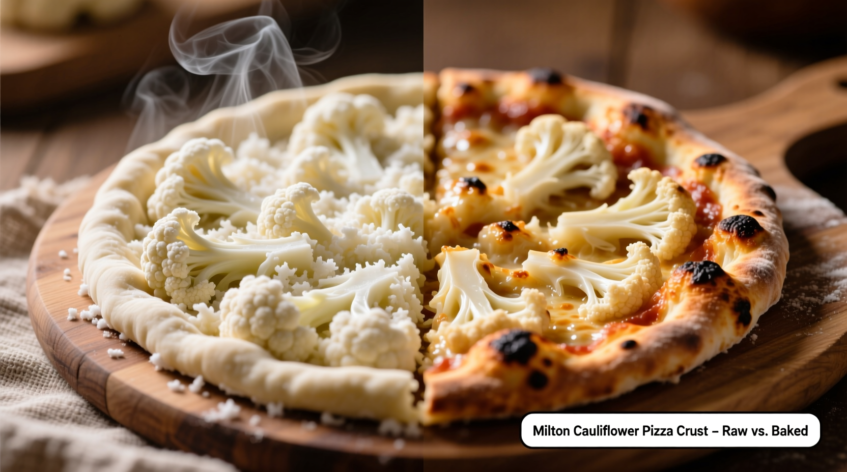 Milton cauliflower pizza crust before and after baking
