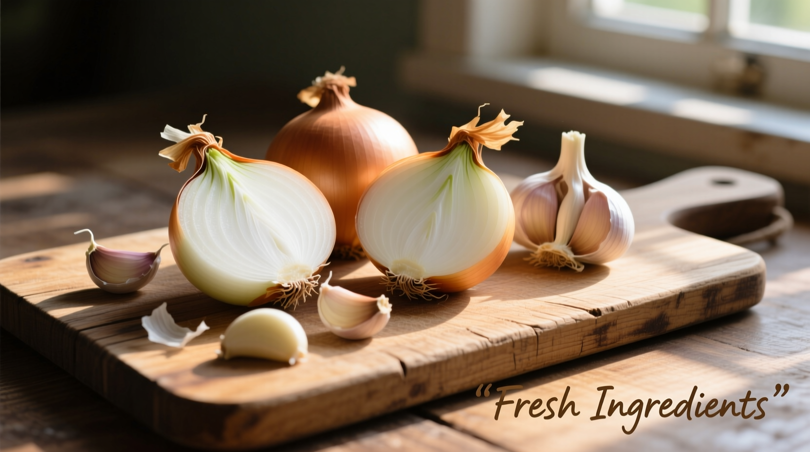 Fresh onions and garlic on wooden cutting board