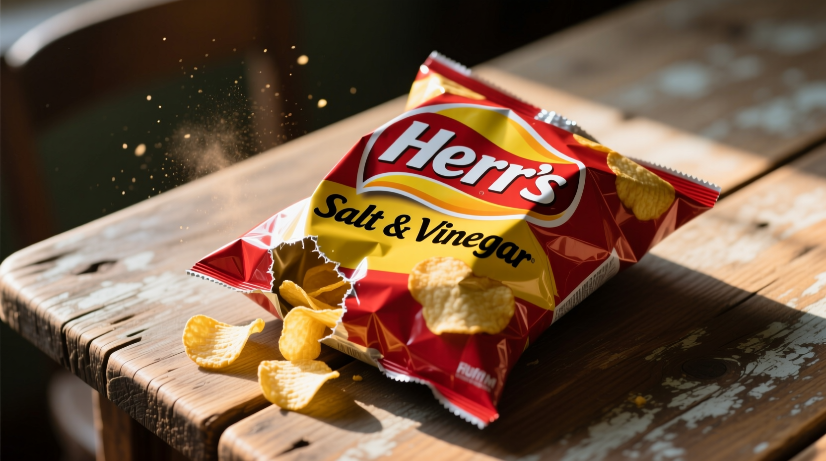 Herr's salt and vinegar potato chips bag on wooden table