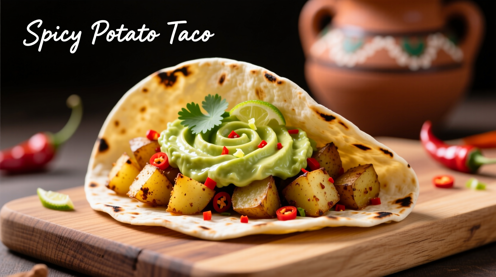 Perfectly assembled spicy potato soft tacos with avocado crema
