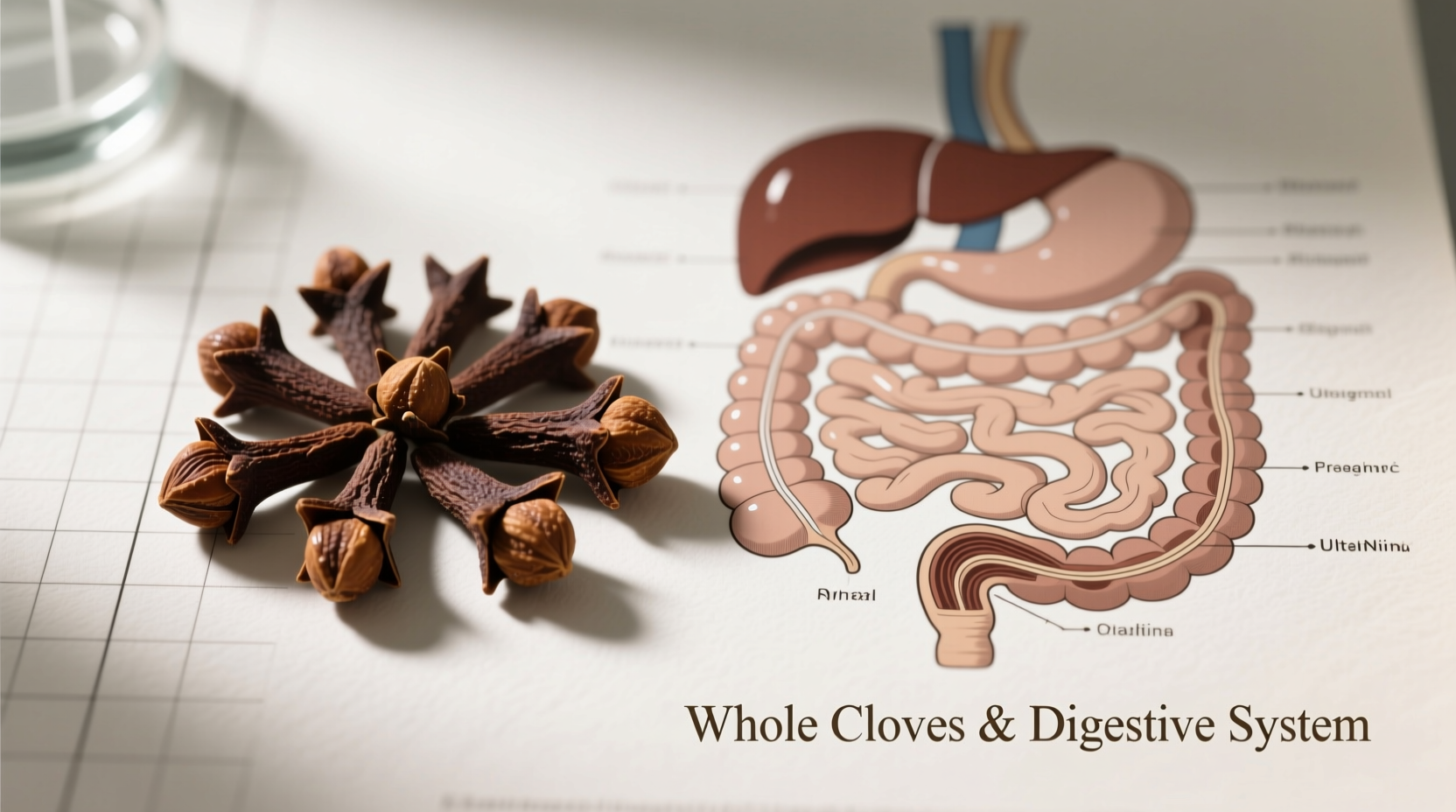 Whole cloves next to digestive system diagram