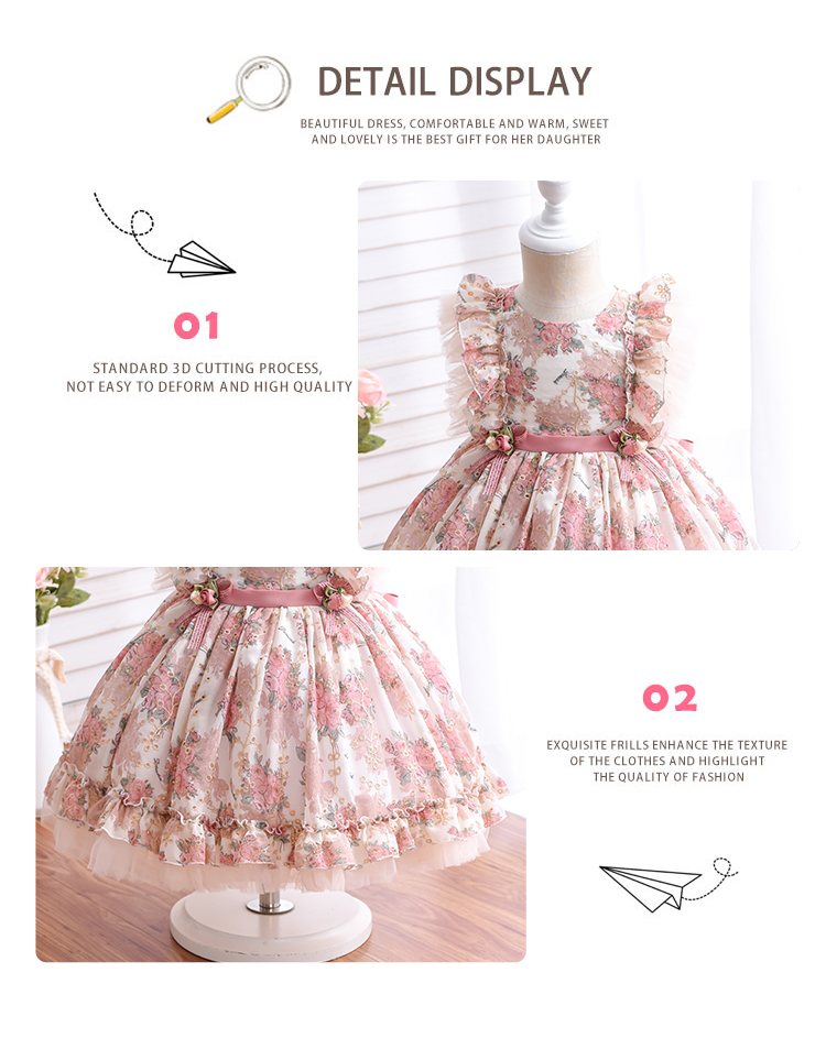 Wholesale New Born Girl Party Dress Court Style Hollow Embroidery Floral Printed Ruffle Lolita Spanish Baby Dress