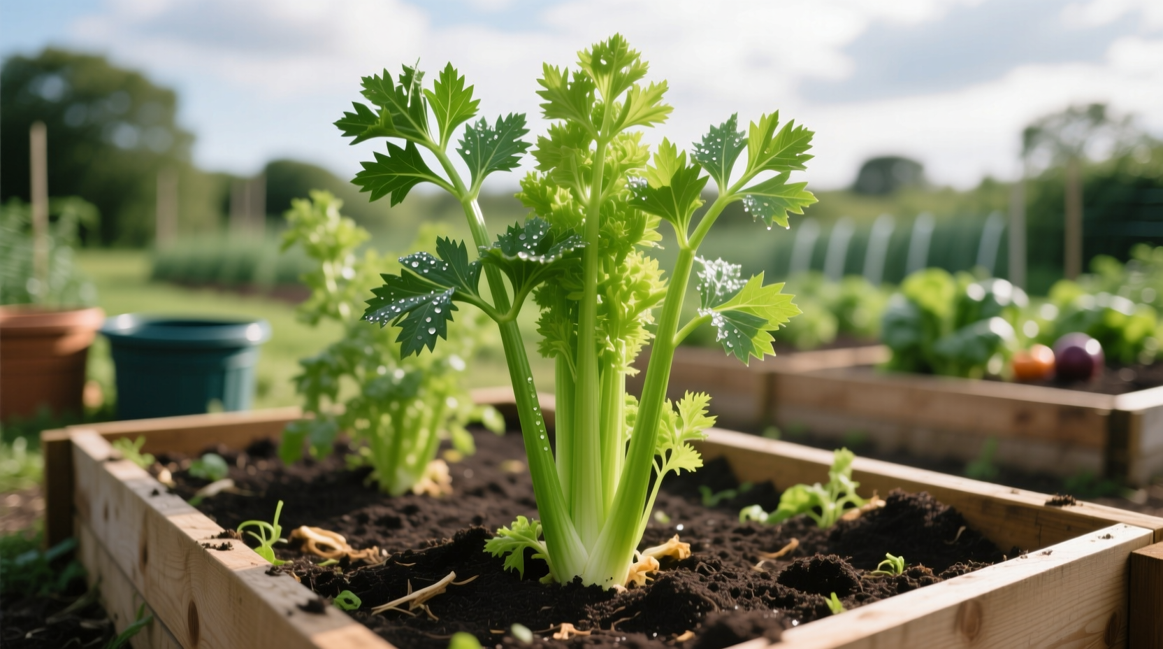Healthy celery plants growing in well-prepared garden bed