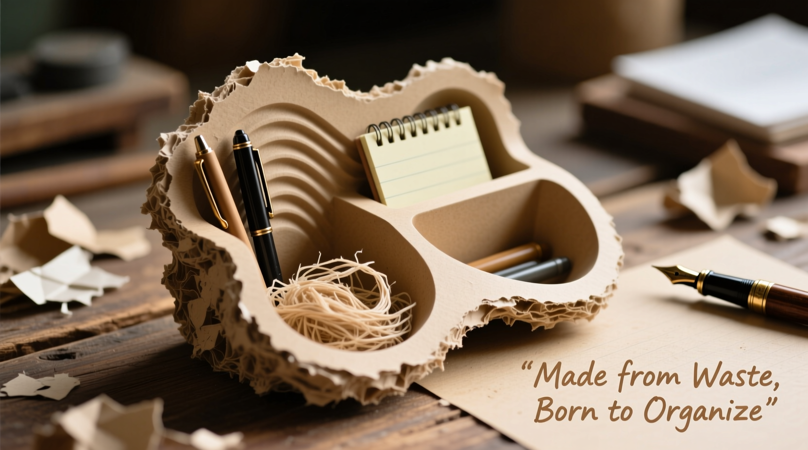 Recycled paper pulp being molded into functional desk organizer
