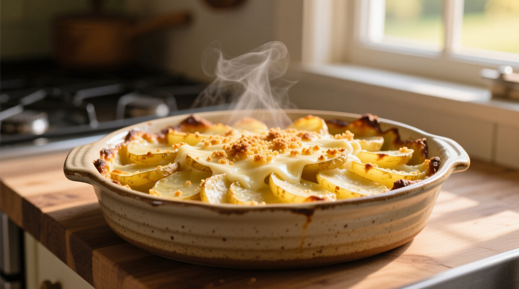 Golden potato gratin in ceramic baking dish