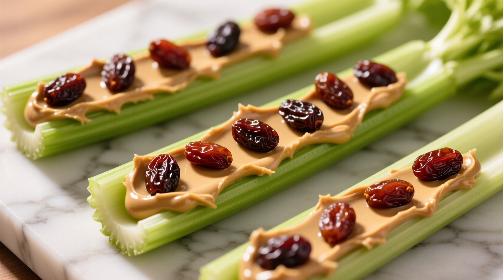 Fresh celery sticks filled with peanut butter and topped with raisins