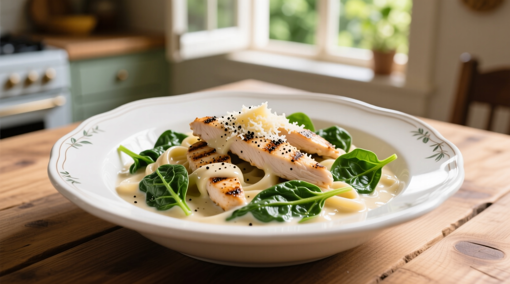 Creamy chicken alfredo with spinach in white bowl