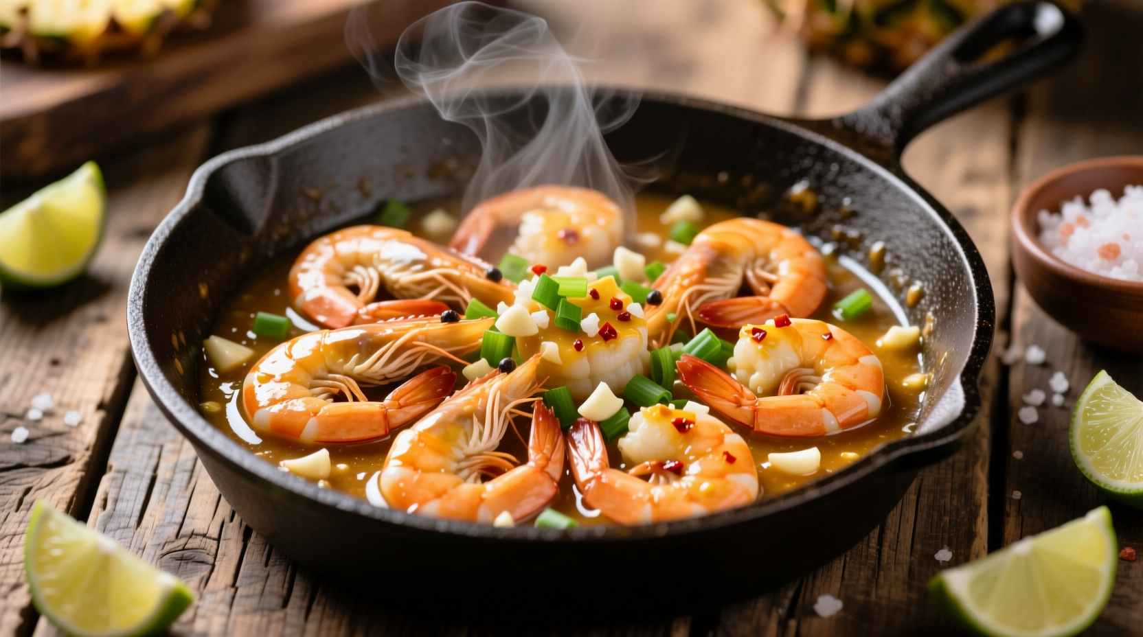 Freshly cooked Hawaii garlic shrimp in cast iron skillet