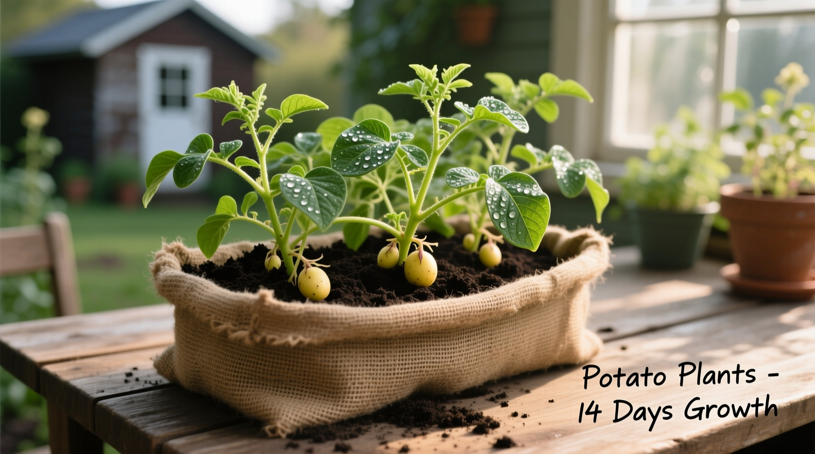 Potato plants growing in fabric container