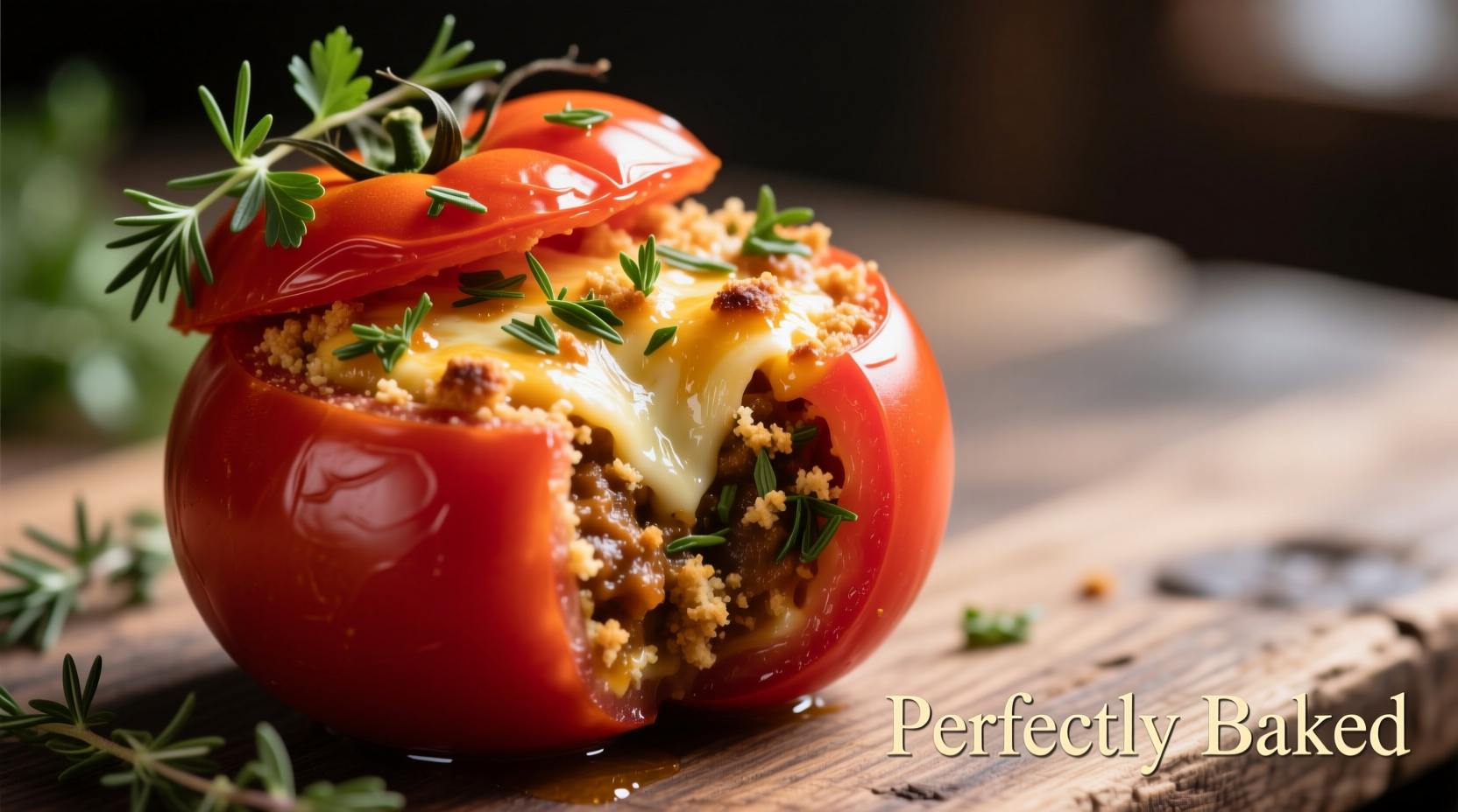 Perfectly baked stuffed tomatoes with herb garnish