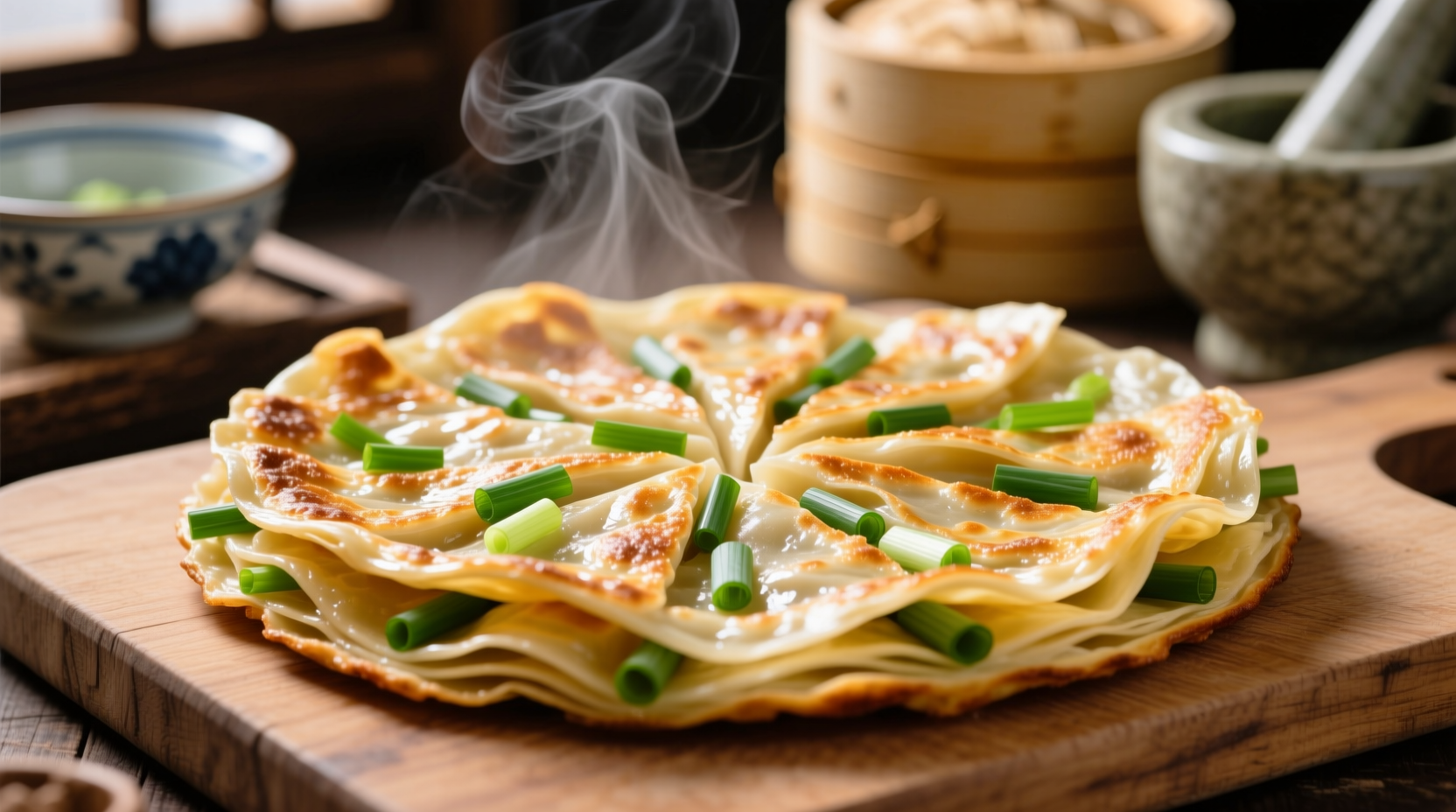 Freshly made Chinese green onion pancakes with visible layers
