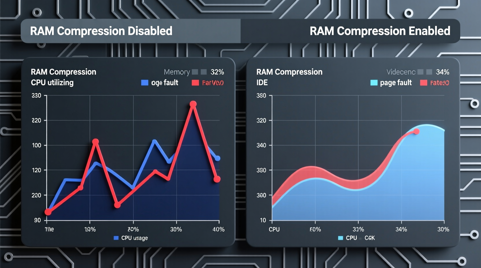 Side-by-side visualization of CPU utilization and memory page fault rates with RAM compression enabled versus disabled during concurrent browser, IDE, and video conferencing workloads