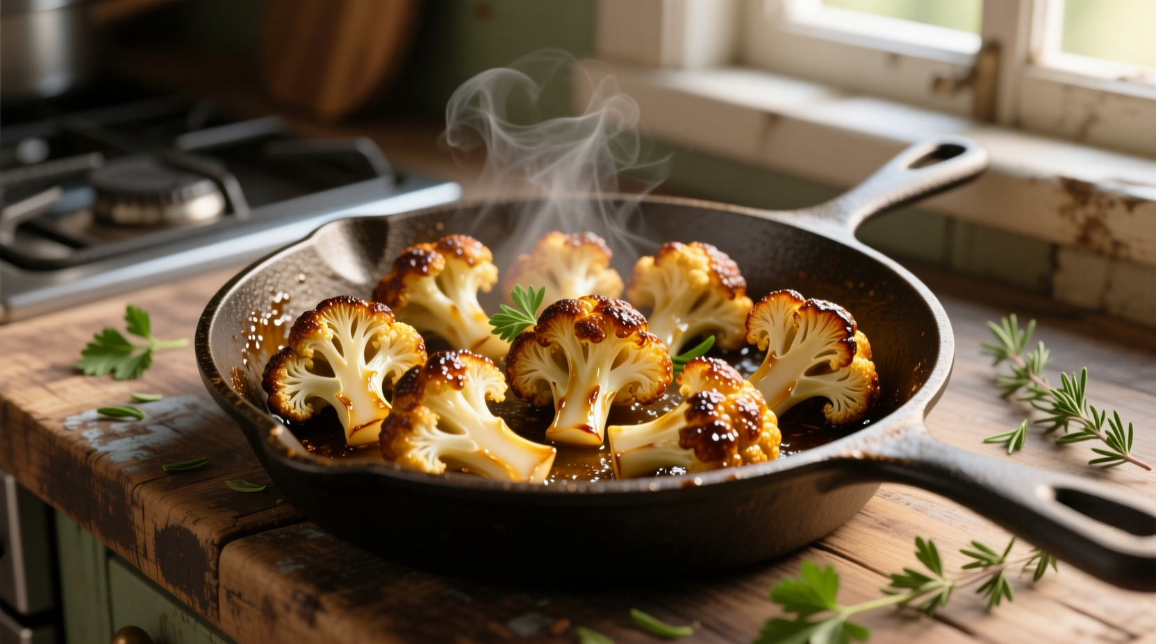 Golden brown cauliflower florets in cast iron skillet