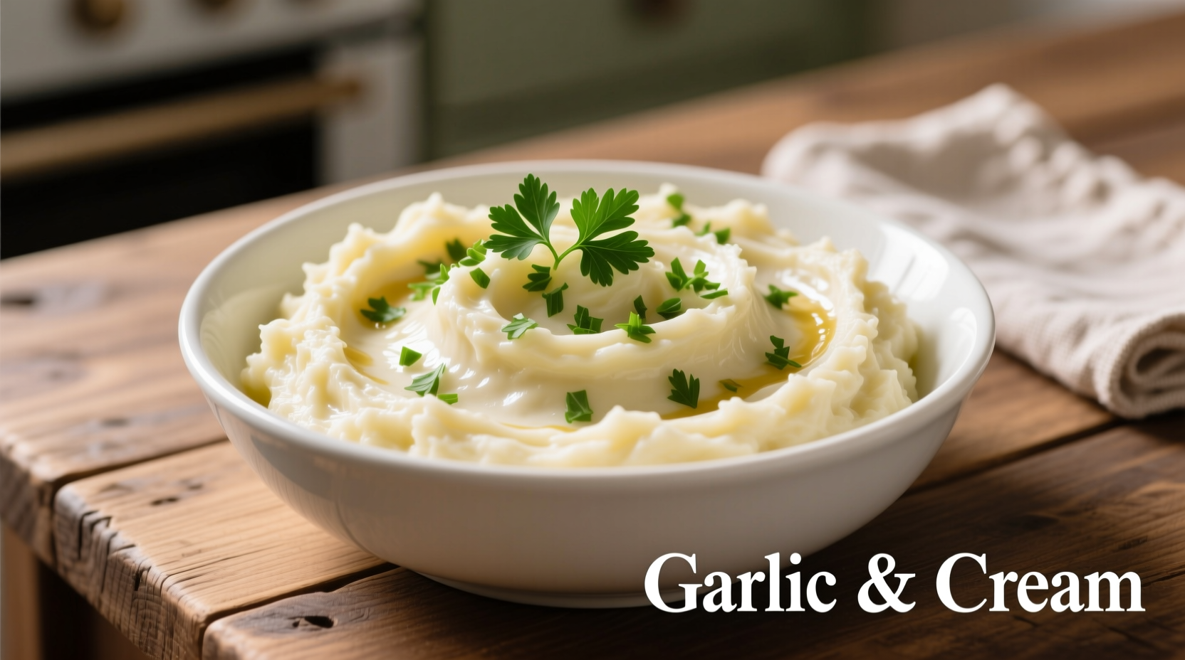 Creamy garlic mashed potatoes in white bowl with fresh parsley