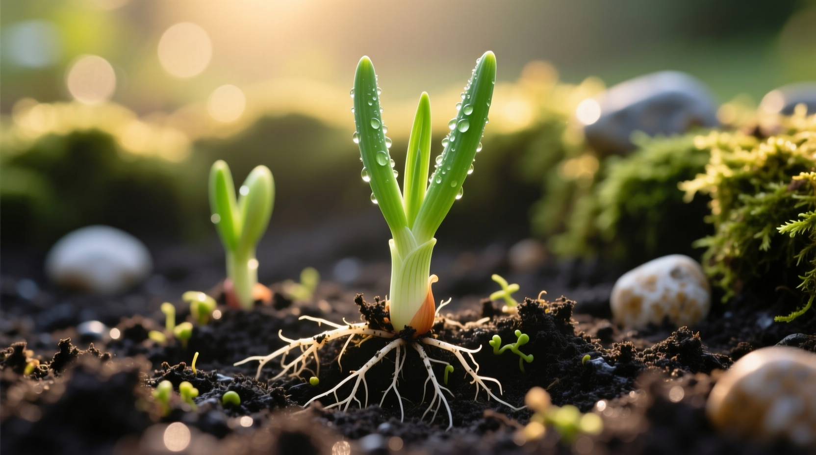 Close-up of healthy onion seedlings in garden soil