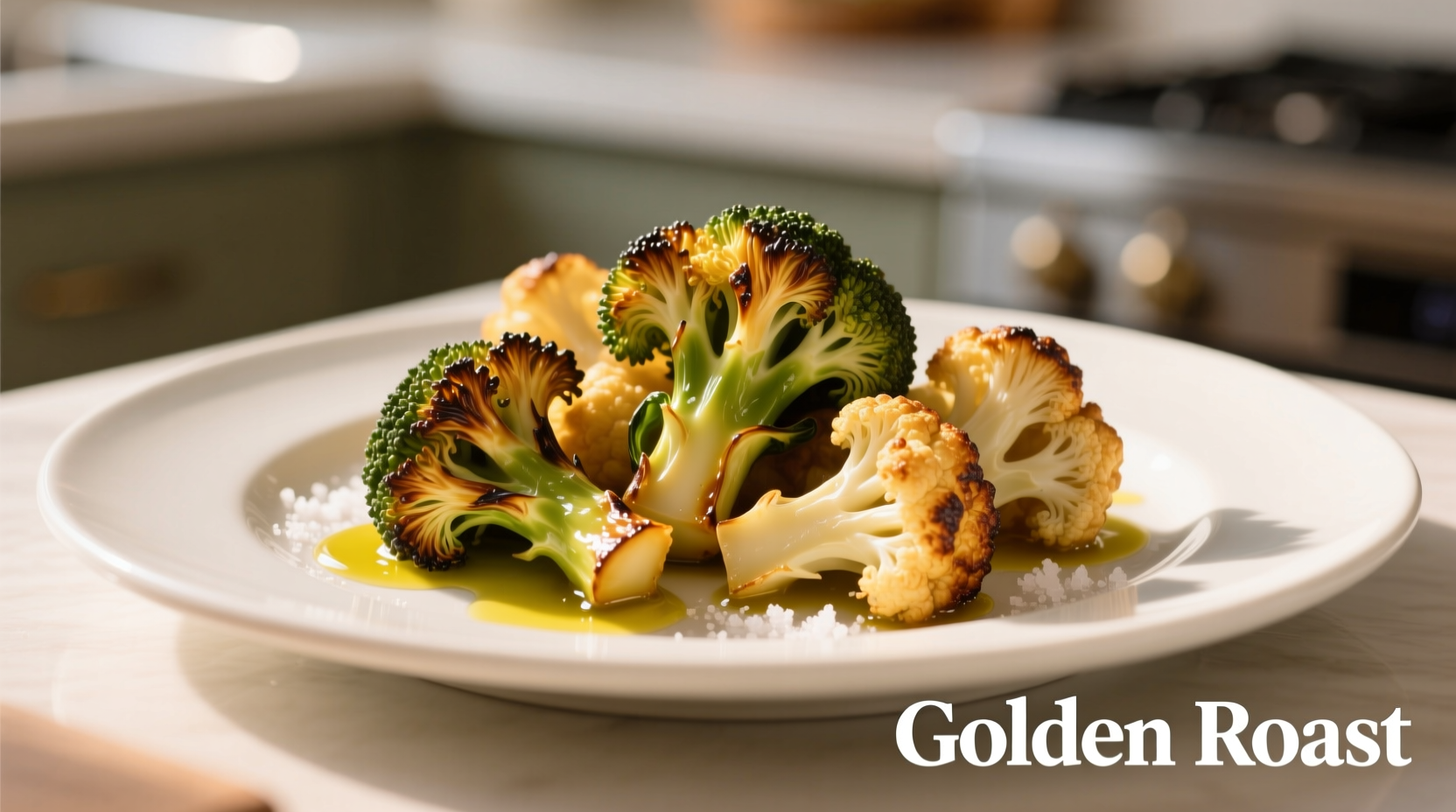 Golden roasted broccoli and cauliflower on white plate