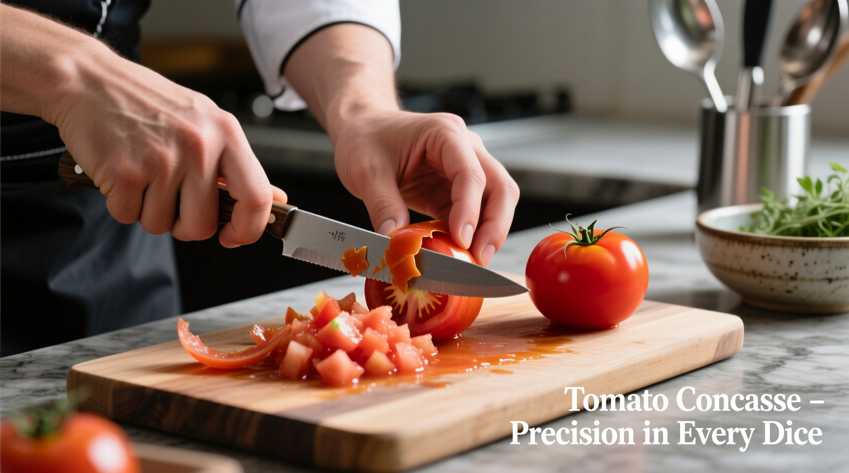 Chef's hands demonstrating tomato concasse technique