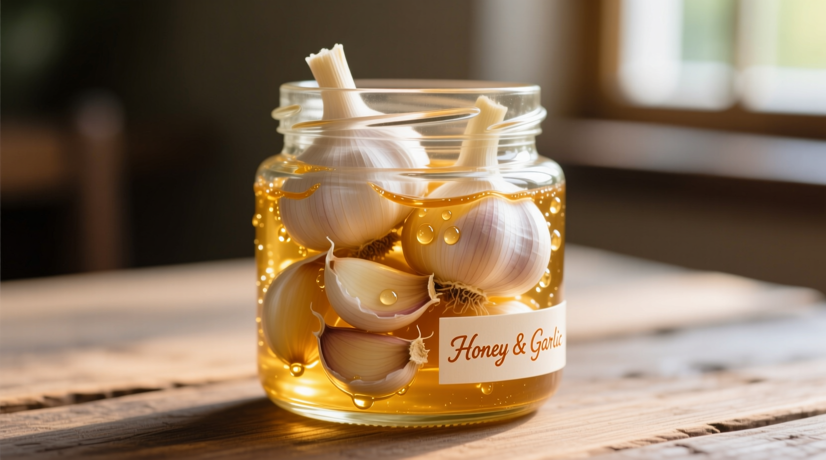 Garlic cloves and honey in glass jar