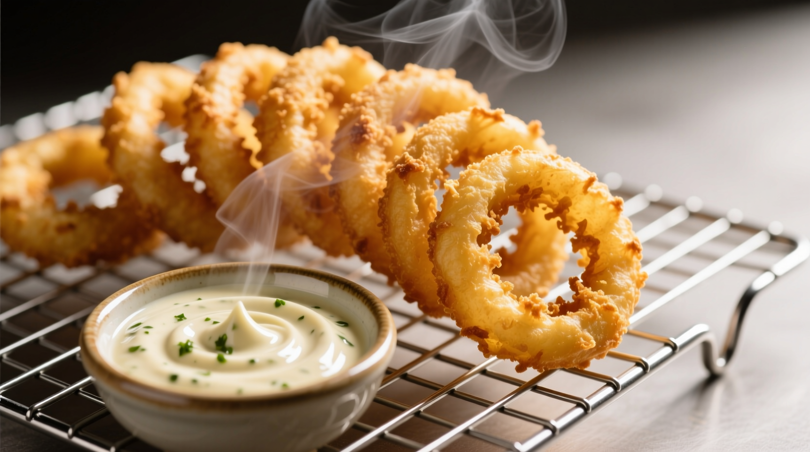 Golden crispy onion rings on wire rack with dipping sauce