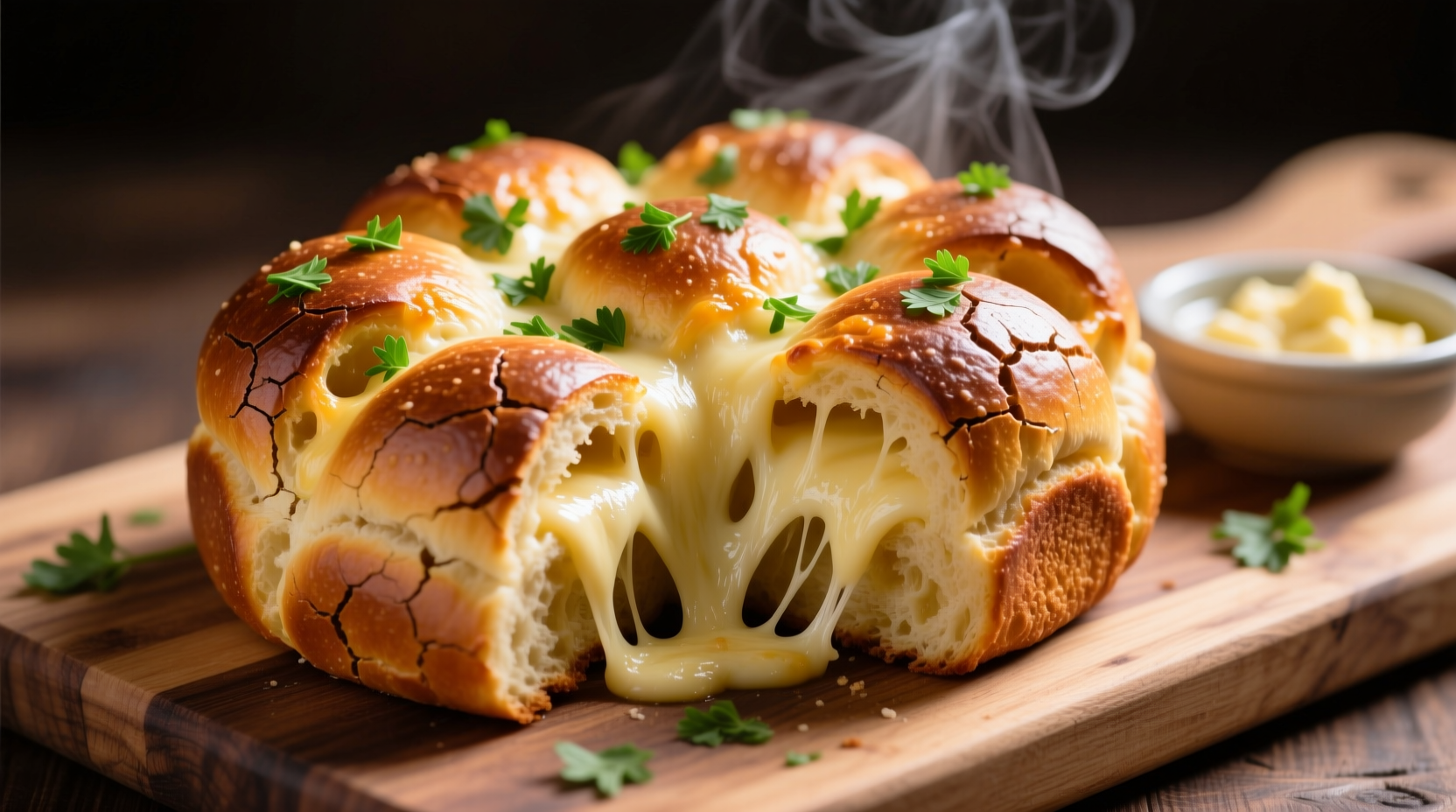Fresh pull apart garlic cheese bread with melted cheese strands