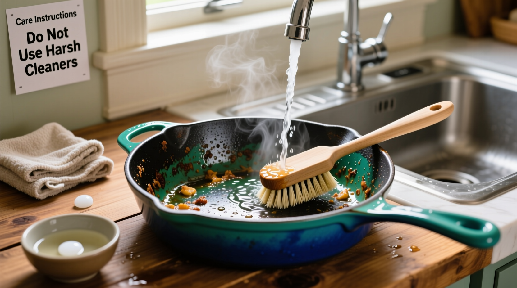 how to clean enameled cast iron cookware