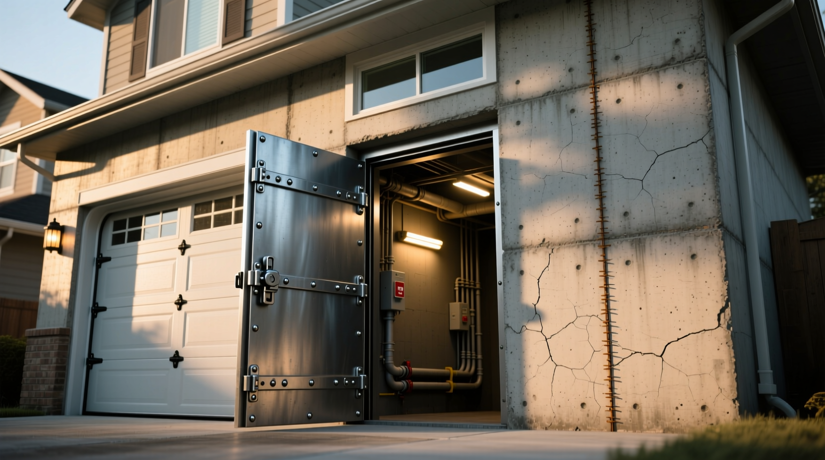Reinforced concrete storm shelter with steel door in garage