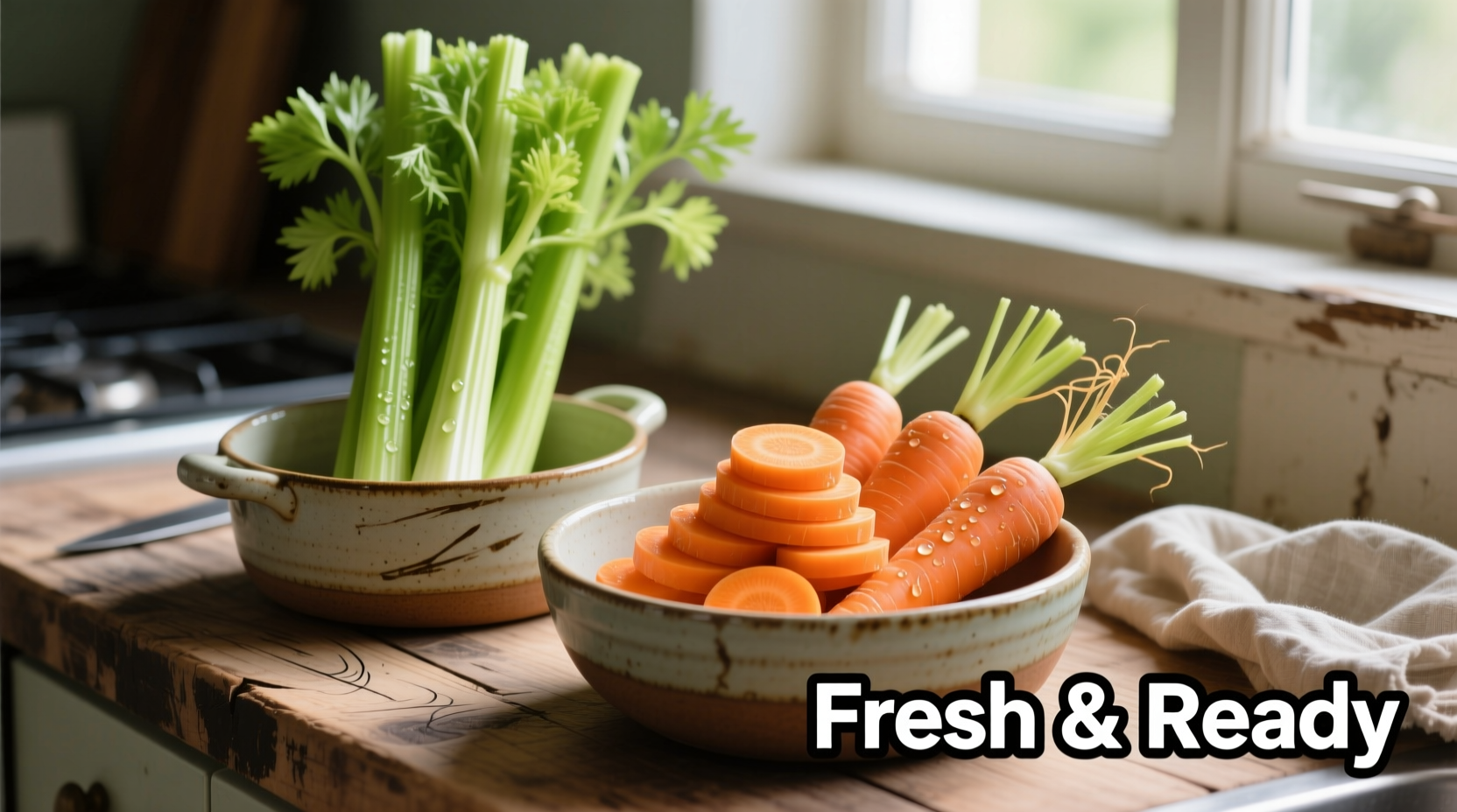 Fresh celery and carrots arranged in cooking bowls
