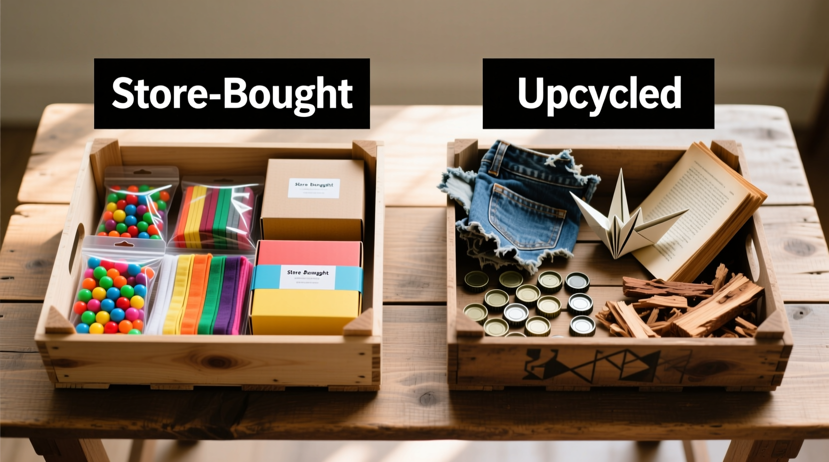Side-by-side comparison of store-bought versus upcycled craft materials