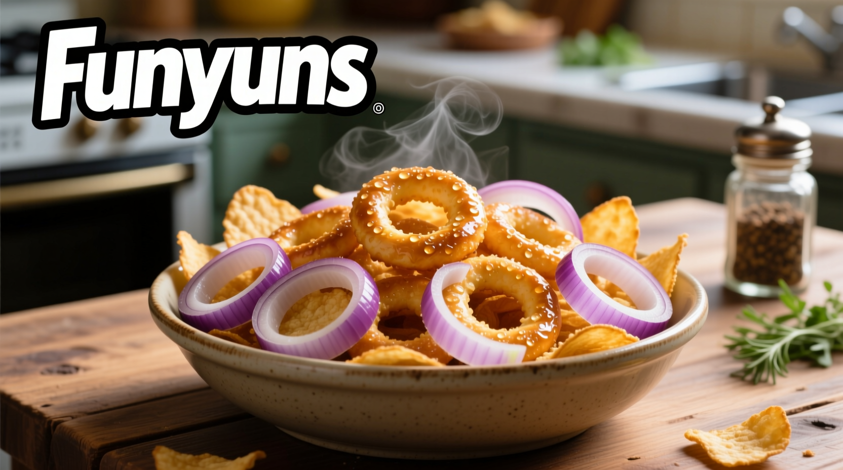 Funyuns snack rings in a bowl with onion slices