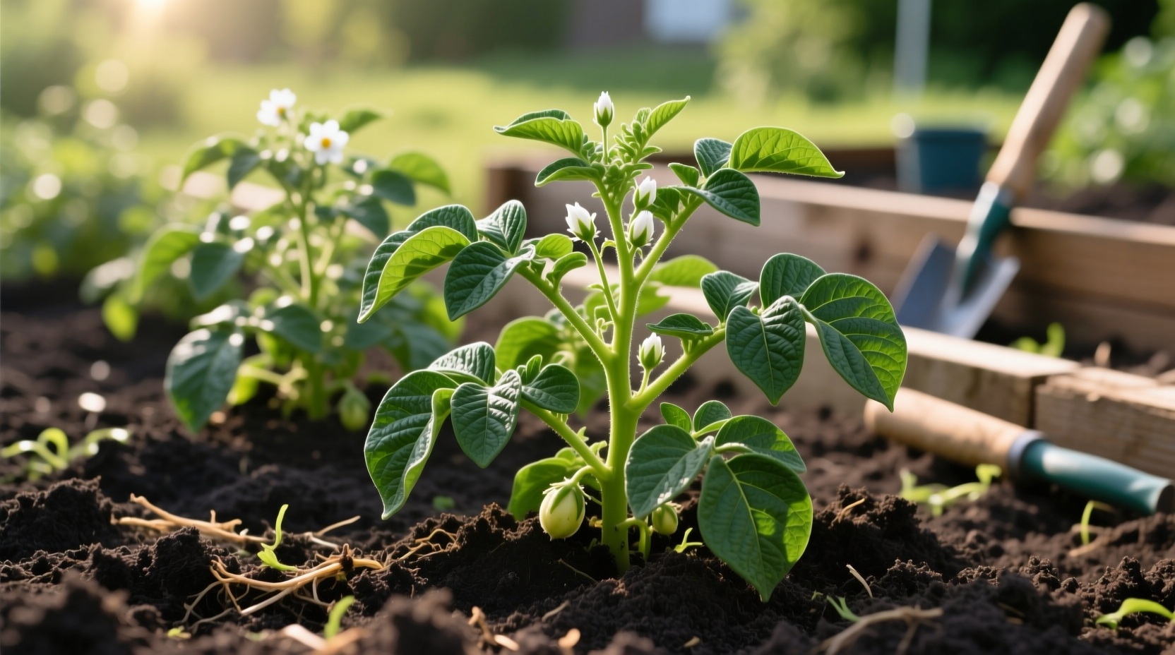 Healthy potato plants growing in well-prepared garden soil