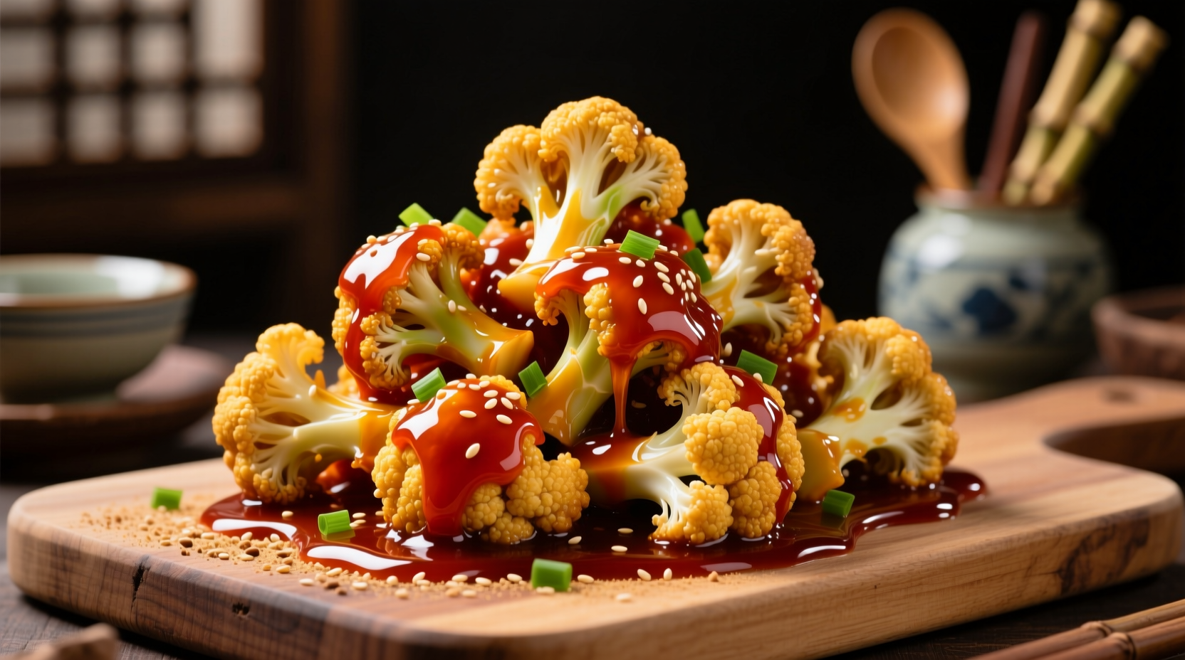 Crispy golden cauliflower florets coated in glossy General Tso's sauce