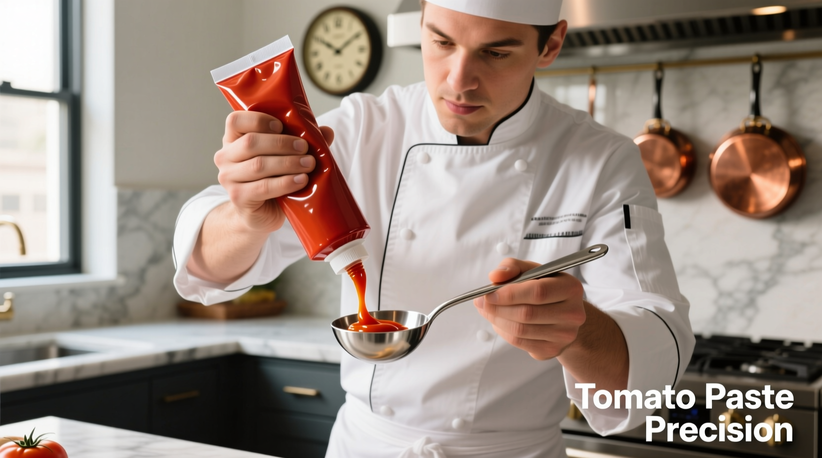 Professional chef squeezing tomato paste from tube into measuring spoon