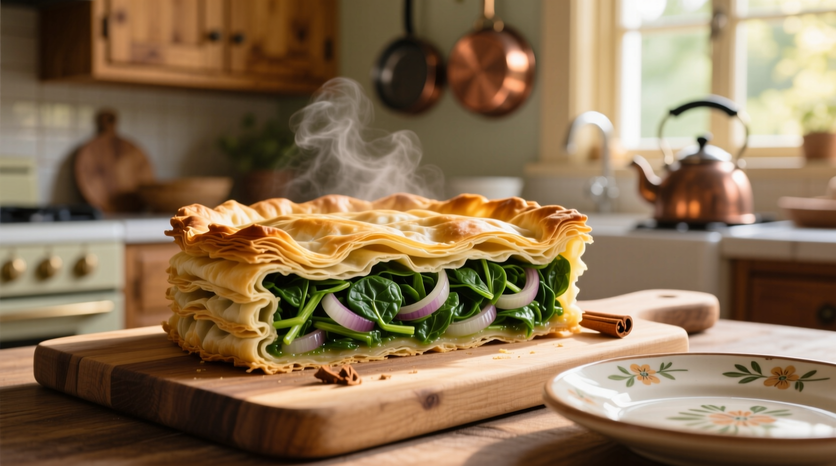 Golden spinach pie with flaky phyllo layers