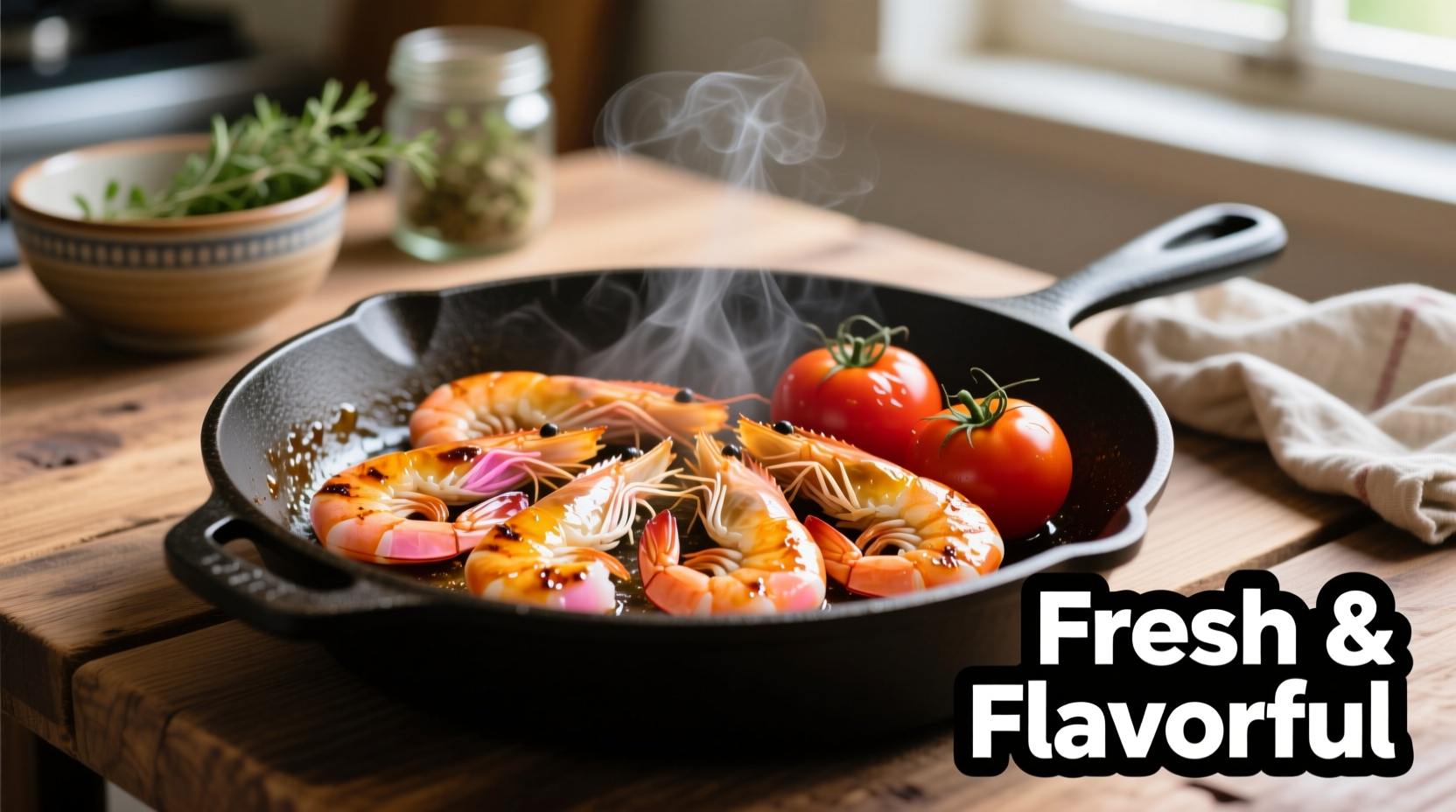 Fresh shrimp and tomatoes in a skillet