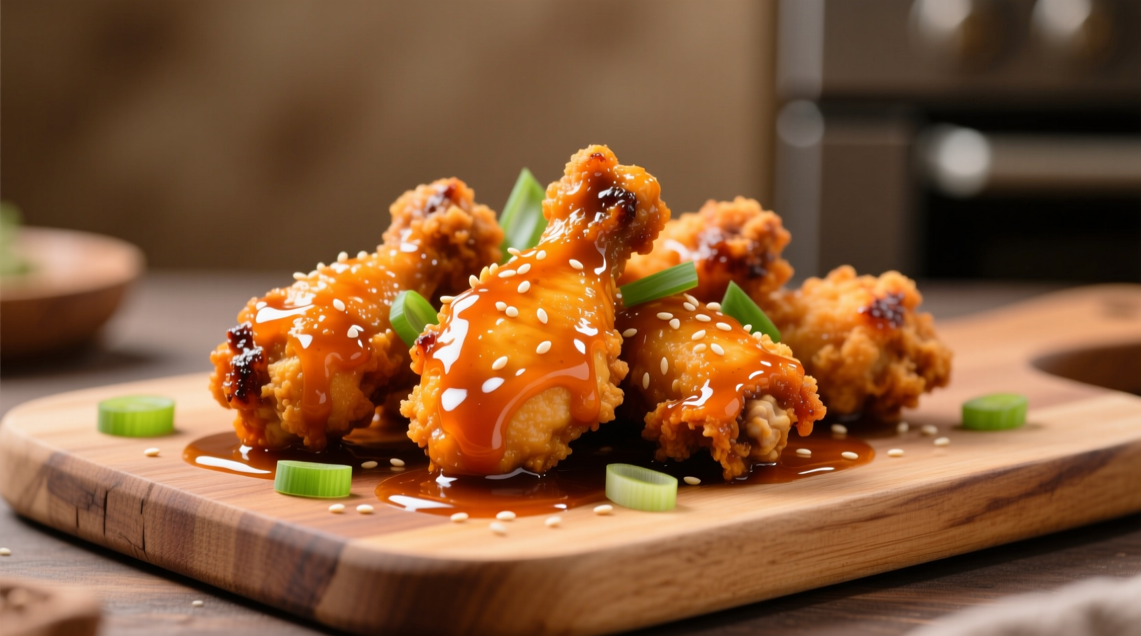 Crispy orange chicken pieces with glossy sauce