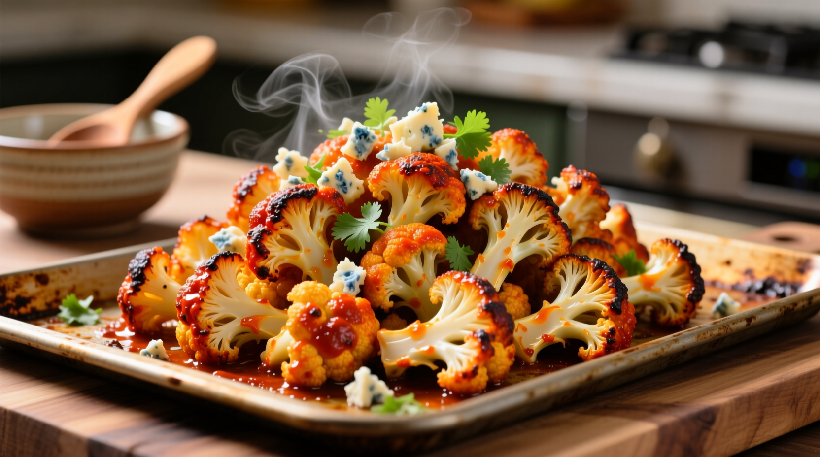 Golden roasted buffalo cauliflower on baking sheet