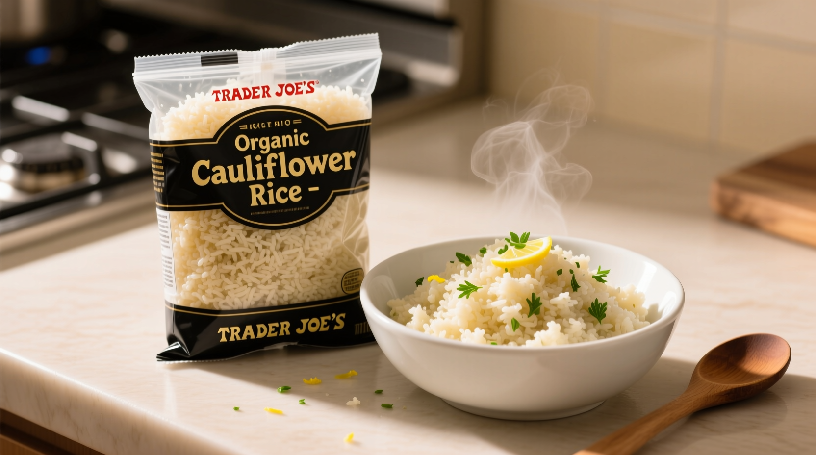 Trader Joe's cauliflower rice in package next to cooked portion