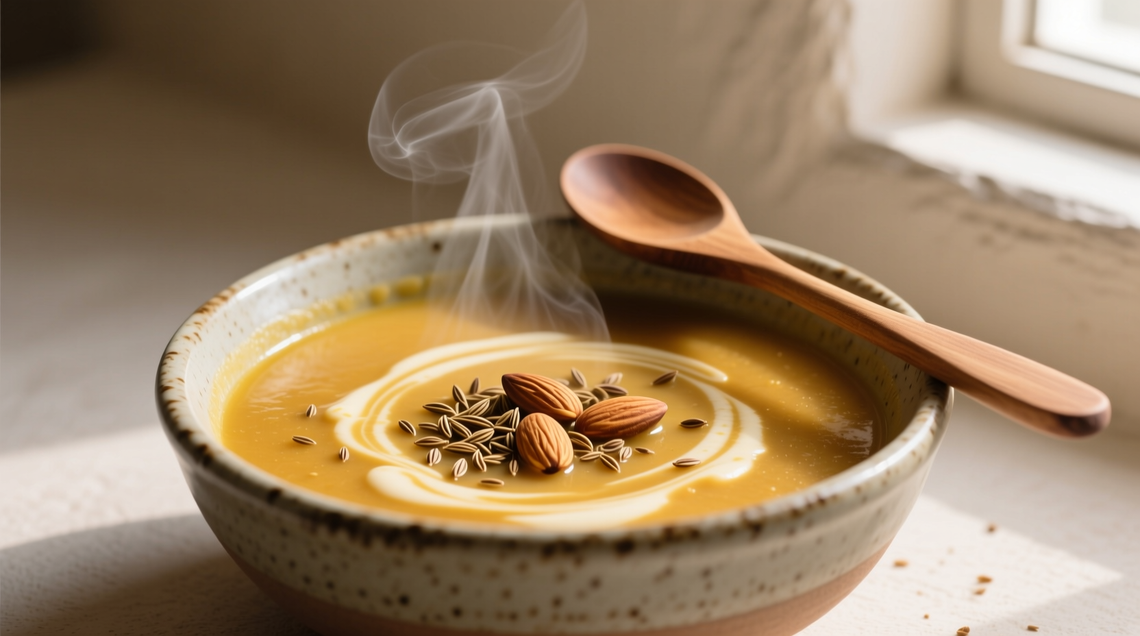 Step-by-step: Toasting cumin seeds, then blending with almonds into smooth paste for soup