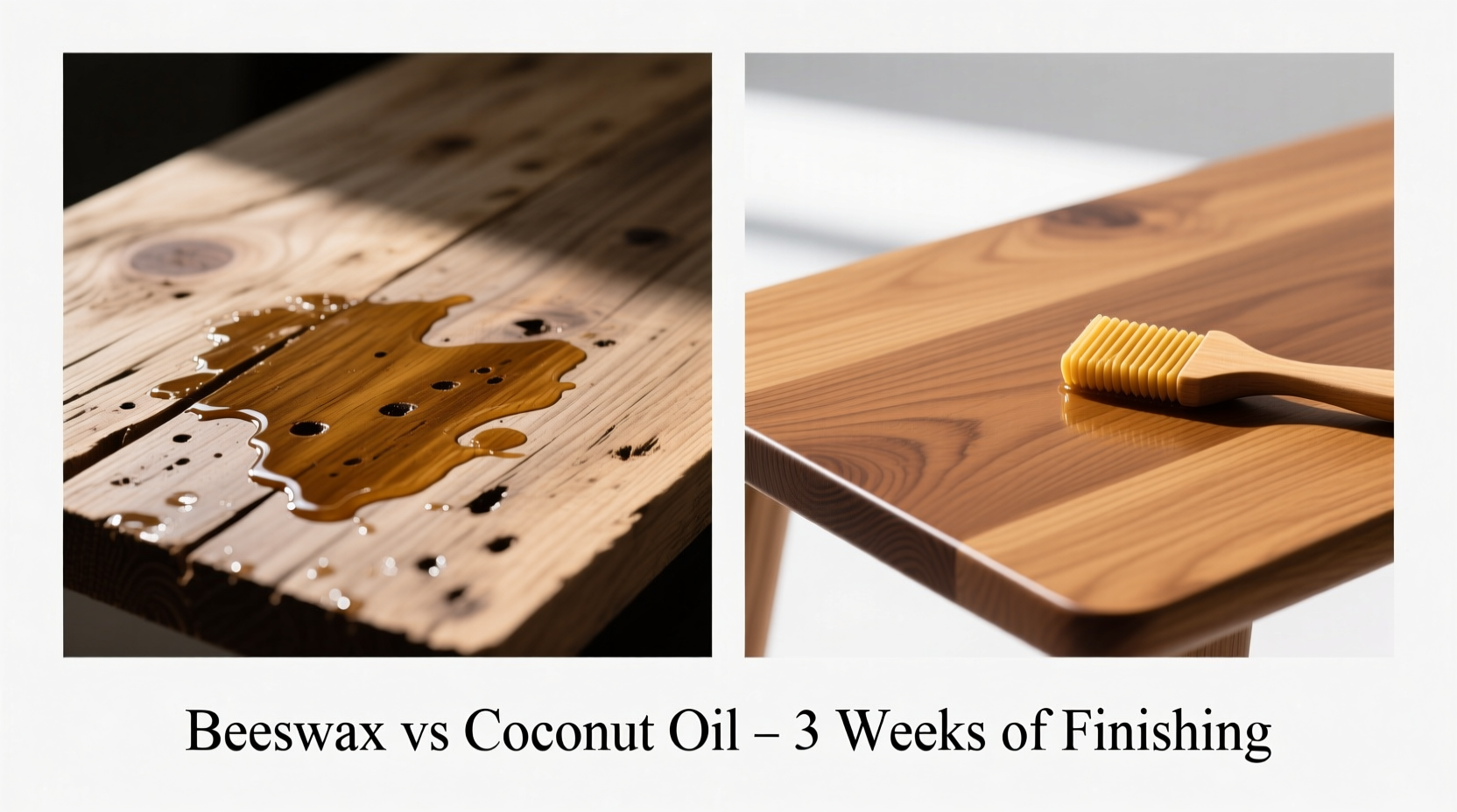 Side-by-side comparison: left panel shows dull, sticky wood treated with coconut oil after three weeks; right panel shows warm, matte-sheen oak table treated with beeswax rub and buffed to clarity