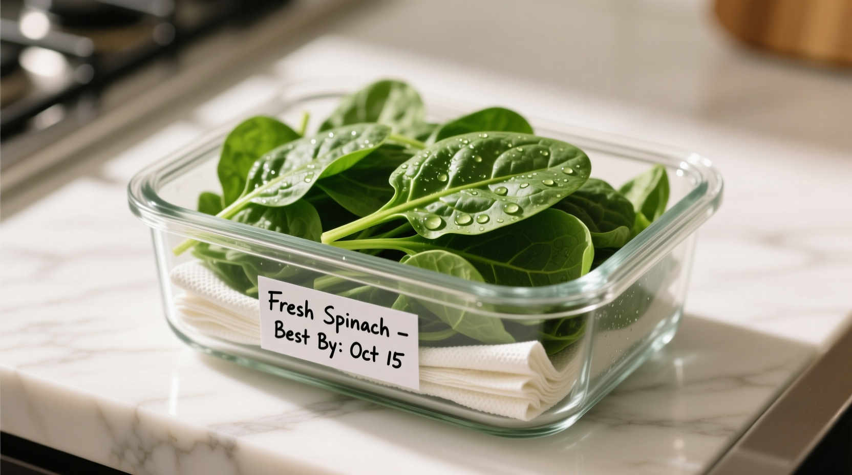Fresh spinach stored properly in airtight container with paper towel