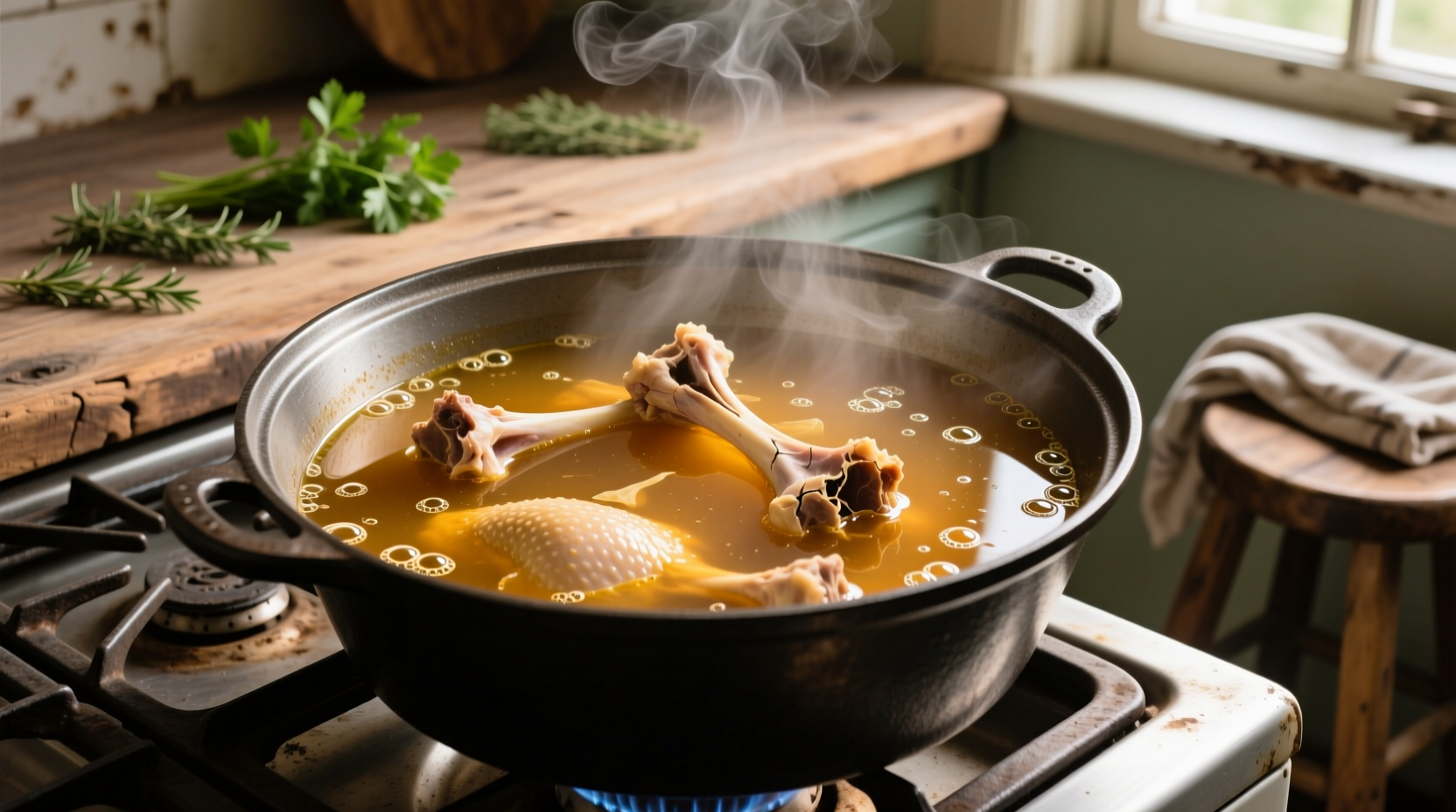 Chicken bones simmering in large pot