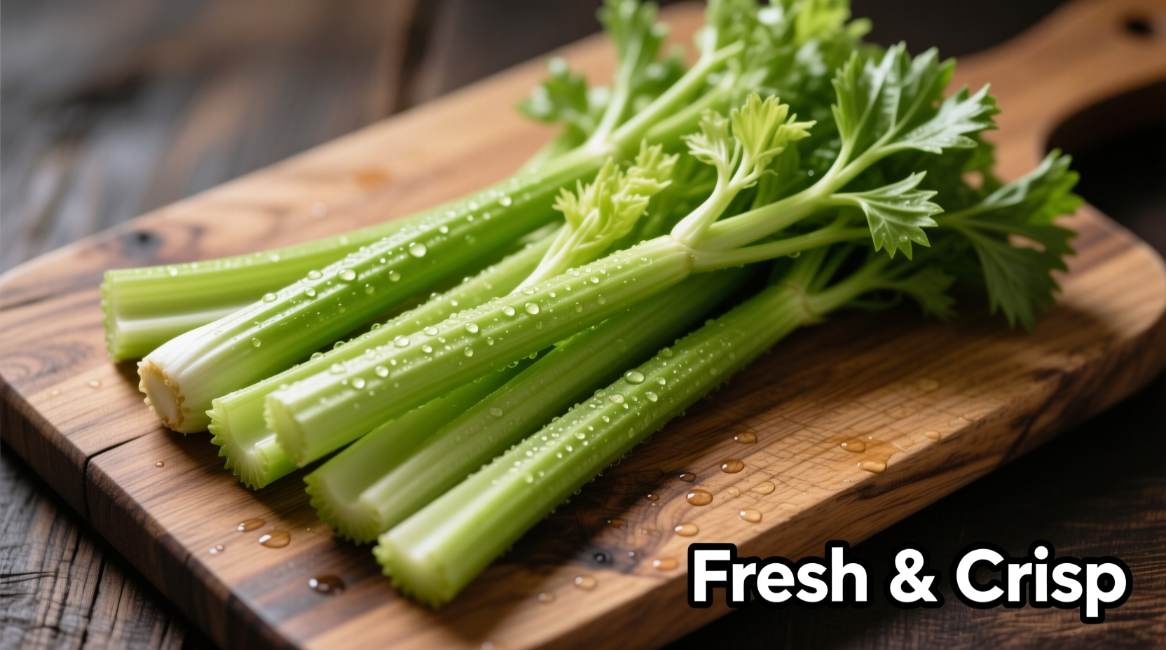 Fresh celery stalks arranged on wooden cutting board