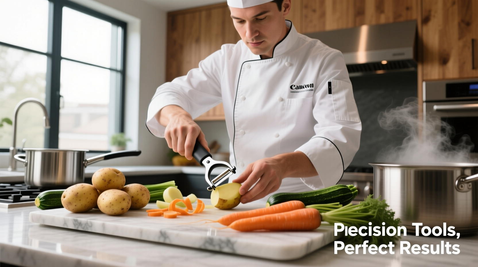Professional chef using ergonomic potato peeler on various vegetables