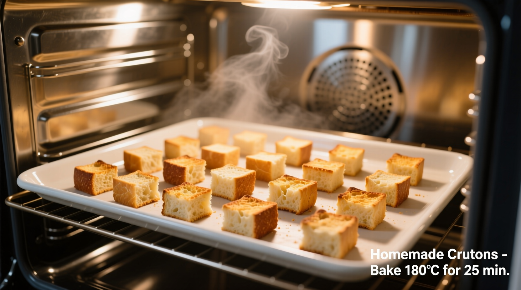 Bread cubes drying on baking sheet in oven