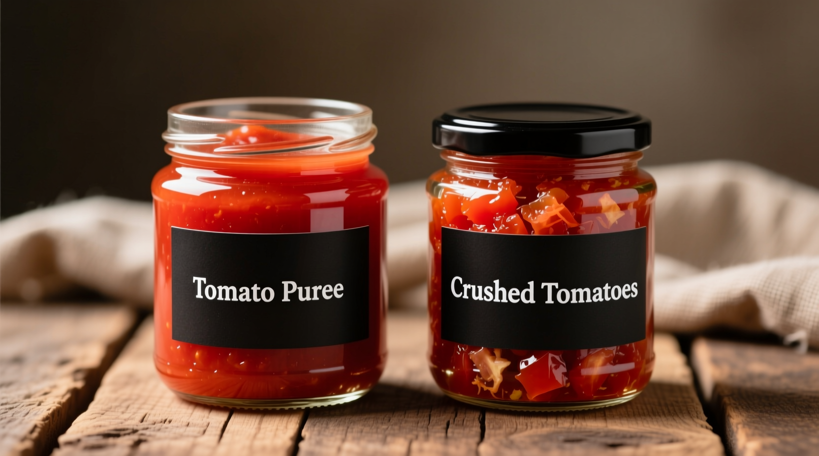 Tomato puree and crushed tomatoes side by side