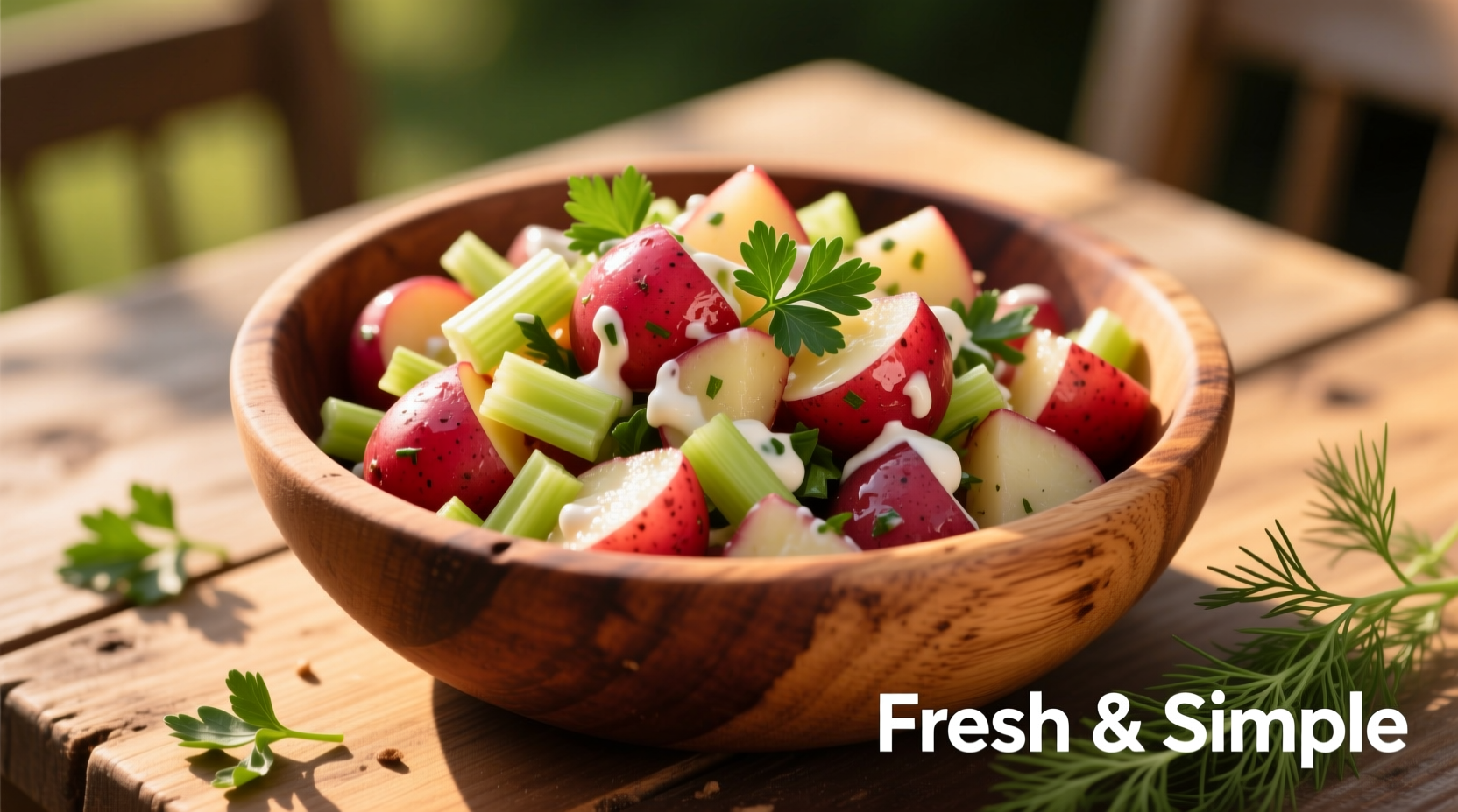 Fresh red potato salad in wooden bowl