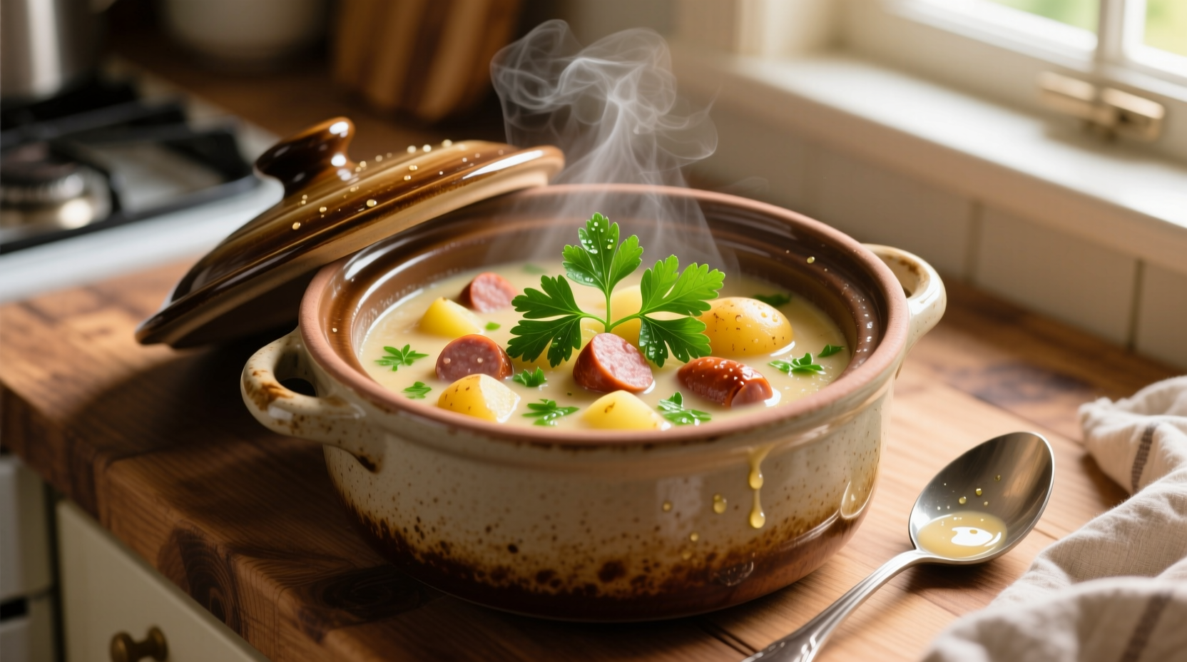 Creamy sausage potato soup in crock pot with fresh parsley