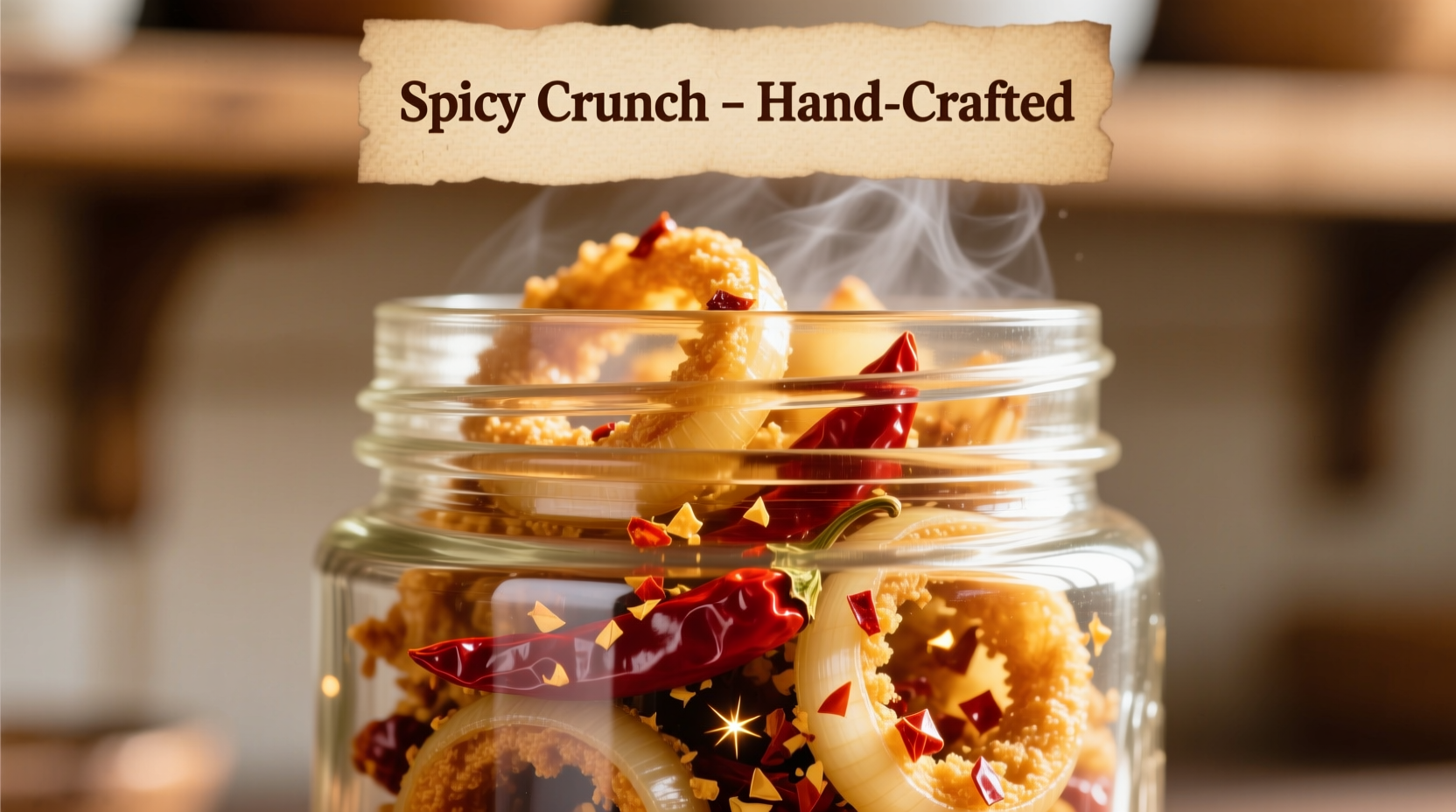 Golden chilli onion crunch in glass jar with visible crispy bits